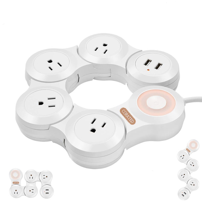 CORATED Flexible Surge Protector Power Strip with 2 USB Ports and 4 Outlets for Home, Office and Travel (9Ft Long Cord, White) - Image 1